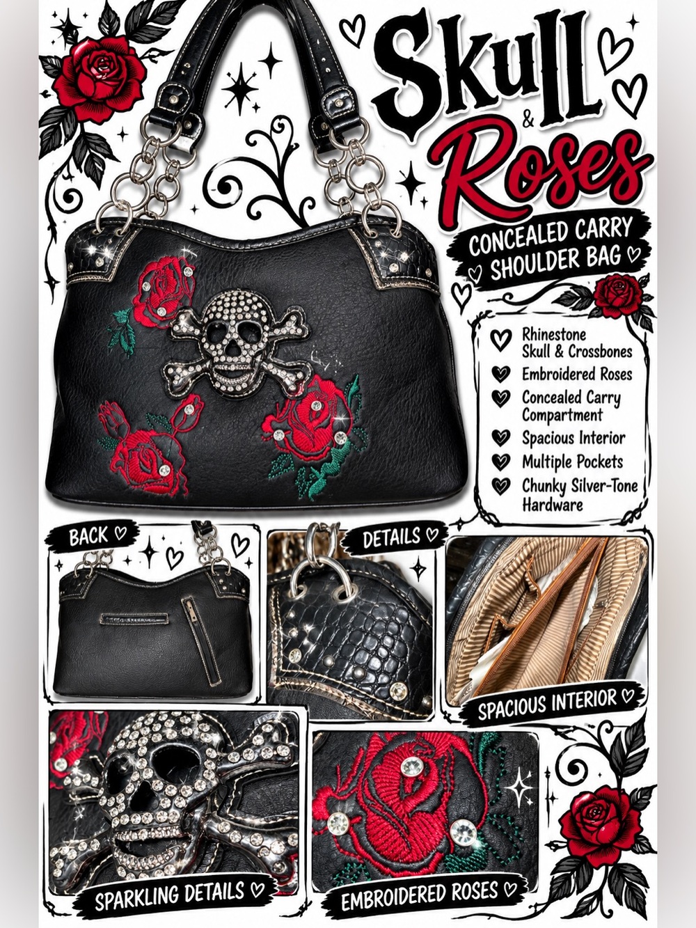 Large Skull Roses Rhinestone Concealed Carry Biker Shoulder Bag NWOT
